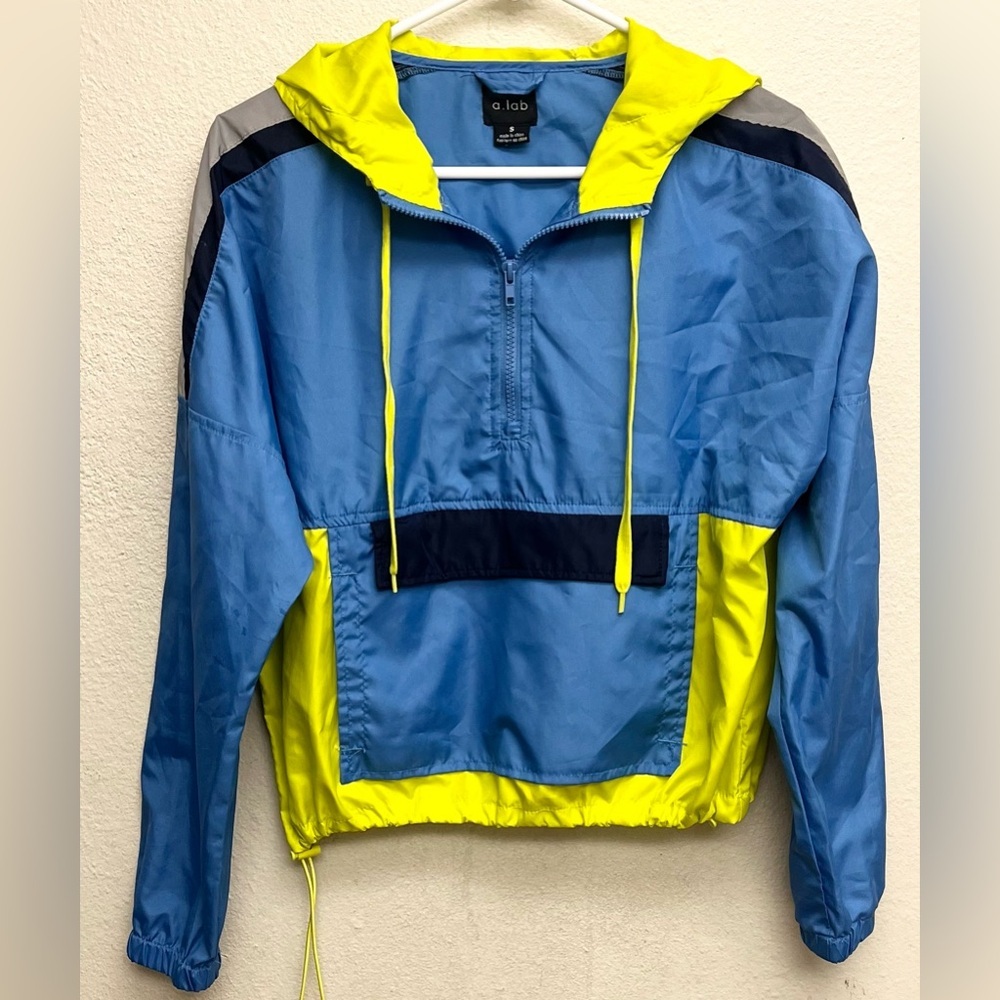 A-Lab‎ Zip-up Windbreaker Hoodie Jacket Reflective Blue/Green Size Small